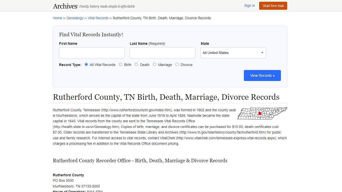Rutherford County, TN Birth, Death, Marriage, Divorce Records